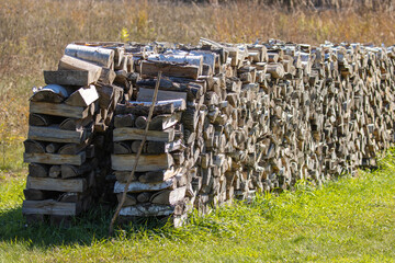 Stacks of cut wood in preparation for winter.