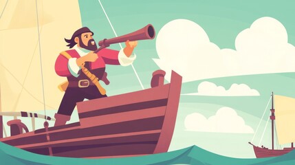 Naklejka premium Cartoon Pirate with Telescope on a Ship