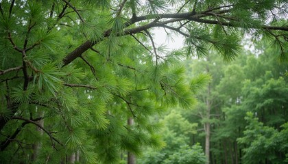 Pine tree branches in the wind background, dynamic atmosphere, gently swaying greenery