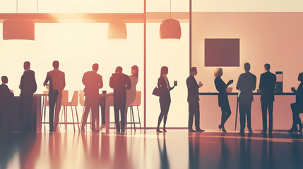 Conference intermission scene with people enjoying a coffee break in a bright atmosphere  -