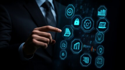 Businessman Interacting with Futuristic Digital Interfaces and Data Analytics Icons