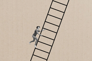 Composite photo collage of happy girl employee climb career promotion ladder development up...