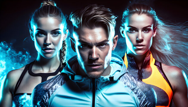 Dynamisches Sportlertrio in intensiver Beleuchtung - KI generiert