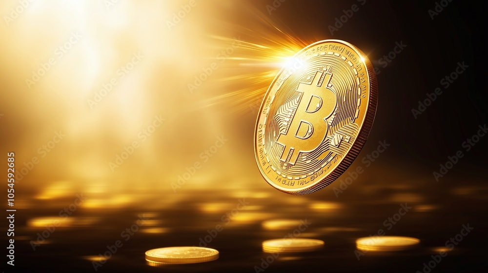 Poster a glowing bitcoin coin floating in light, representing digital currency and the future of finance in