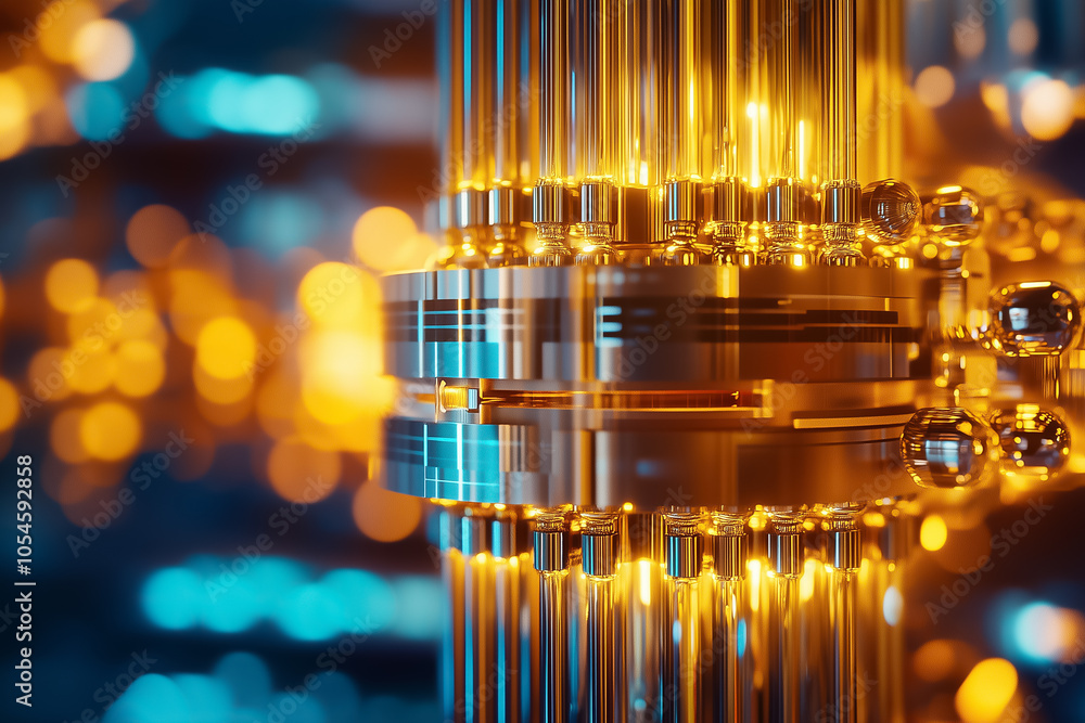 Poster a detailed display of quantum computing components featuring illuminated circuits in a high-tech env