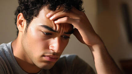 Fototapeta premium Stressed Man Holding Head with Worried Expression at Home.
