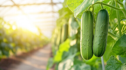 Vibrant summer garden with ripe cucumbers on the vine at sunrise