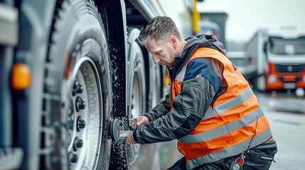 Truck driver in high visibility vest inspecting vehicle tires for safety and maintenance