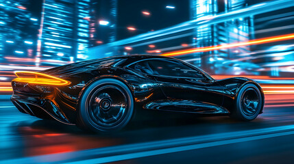 Fototapeta premium Sleek black sports car driving through a futuristic city at night -