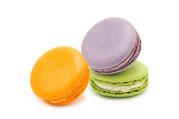 Sweet colorful varied assortment macarons cookies with filling isolated on a white background. Handmade traditional sweets. Clipping Path.	