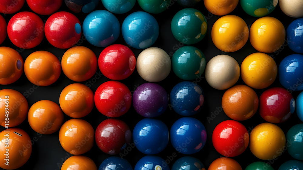 Poster top view of billiard balls: a colorful arrangement of billiard balls in a grid pattern from a top vi