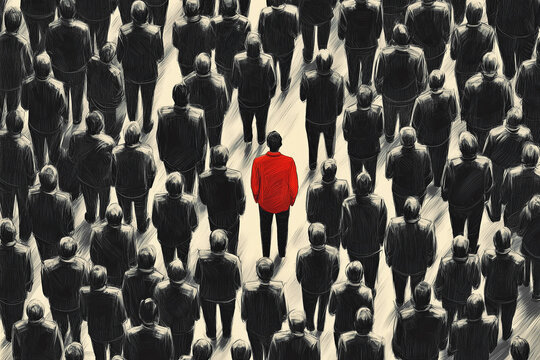 Be different - Man with red jacket is standing in a crowd