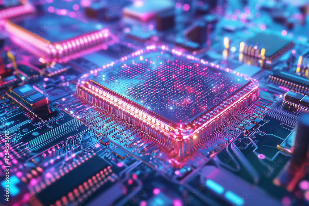 Poster a detailed depiction of quantum computing components featuring glowing circuitry and advanced techno