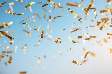 Obraz premium Golden confetti falls gracefully from the sky, creating a festive atmosphere against a bright blue background.