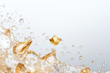 Golden liquid splashes beautifully over ice cubes, creating an inviting and refreshing visual perfect for beverage marketing.