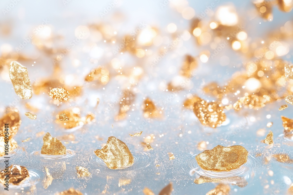 Poster shimmering gold flakes scatter gracefully, creating a stunning visual effect against a soft backgrou