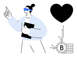 A person wears virtual reality glasses and holds a tablet with one hand, pointing with the other. A heart and a representation of Bitcoin are nearby. Ideal for technology, innovation, virtual