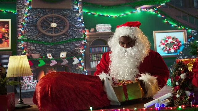 African american santa preparing his sack full of gifts in wrapping paper, delivering presents to wishful children around the world. Father Christmas decorating boxes with ribbons. Camera B.