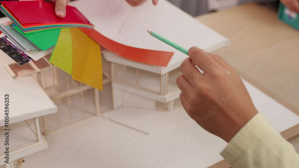 Poster slow motion home designer using architectural equipment draw a blueprint while interior designer sel