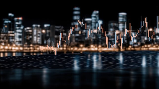 A breathtaking blend of solar panels and wind turbines captures renewable energy production at sunset, enhanced by financial data overlays