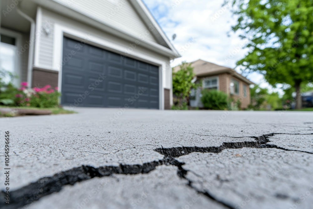 Poster crack in the foundation in front of the garage. background or backdrop with copy space