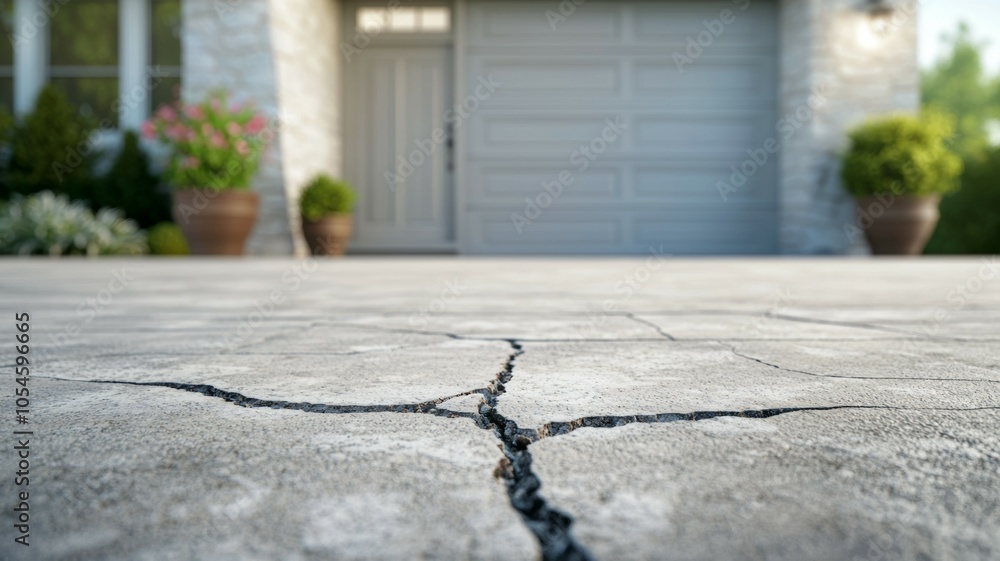 Poster crack in the foundation in front of the garage. background or backdrop with copy space
