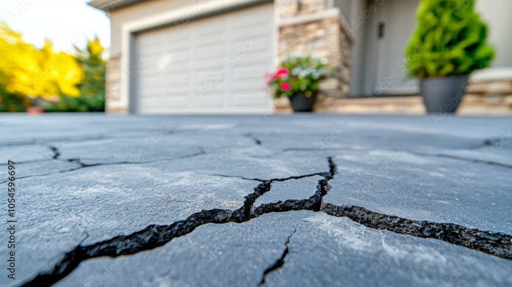 Poster crack in the foundation in front of the garage. background or backdrop with copy space