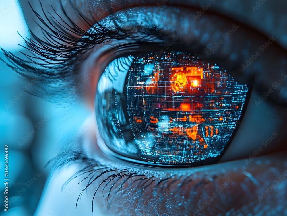 Poster close-up of an eye with a digital interface reflecting futuristic technology.