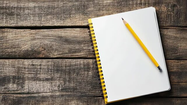 A blank notebook and pencil sit on a rustic wooden table, ready to be used