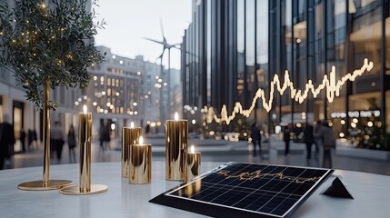 Sunset illuminates solar panels and wind turbines, symbolizing renewable energy in a dynamic stock market landscape