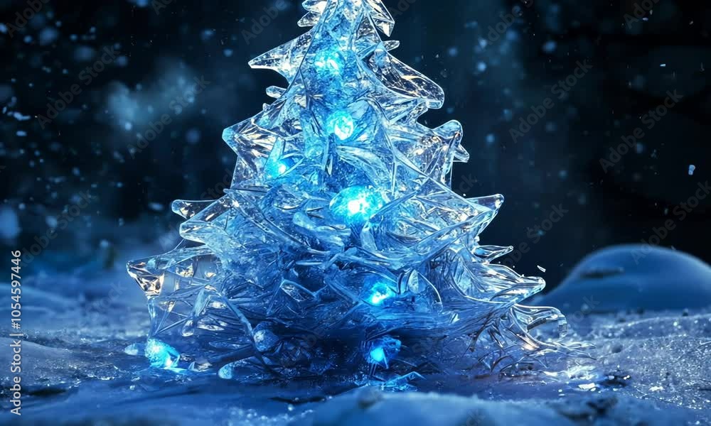 Poster a shimmering ice sculpture of a christmas tree, with intricate frost patterns and soft, glowing blue