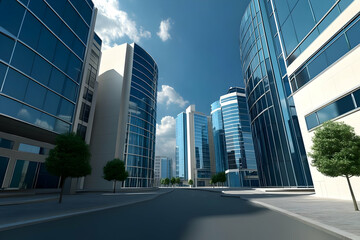 A modern cityscape featuring sleek glass buildings and a clear blue sky.