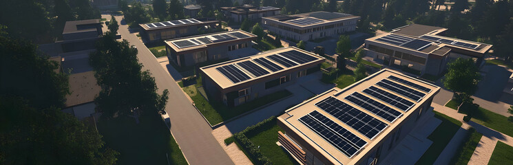 Aerial view of modern buildings with solar panels in a green neighborhood.