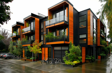 Modern multi-unit building with wooden accents and greenery, showcasing urban living.