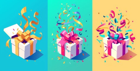 A set of three vector illustrations depicting gift boxes in different stages on an isolated blue background. 