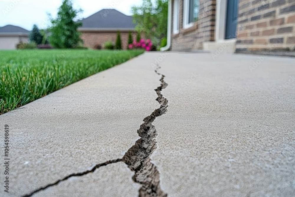 Poster crack in the foundation in front of the garage. background or backdrop with copy space