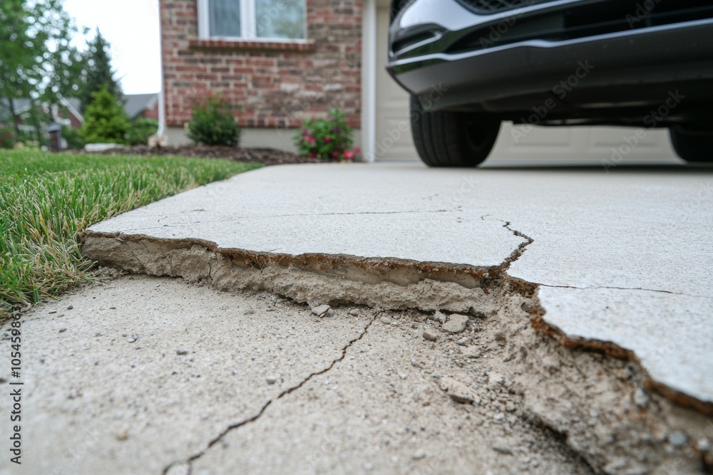 Poster crack in the foundation in front of the garage. background or backdrop with copy space
