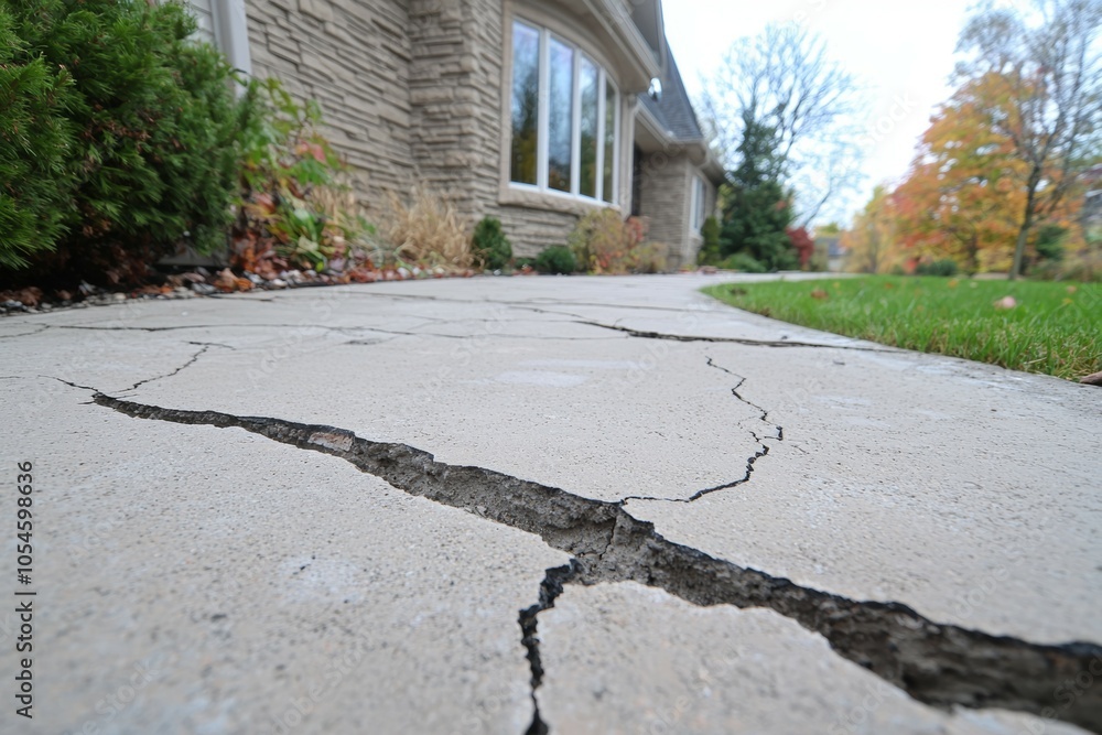 Poster crack in the foundation in front of the garage. background or backdrop with copy space