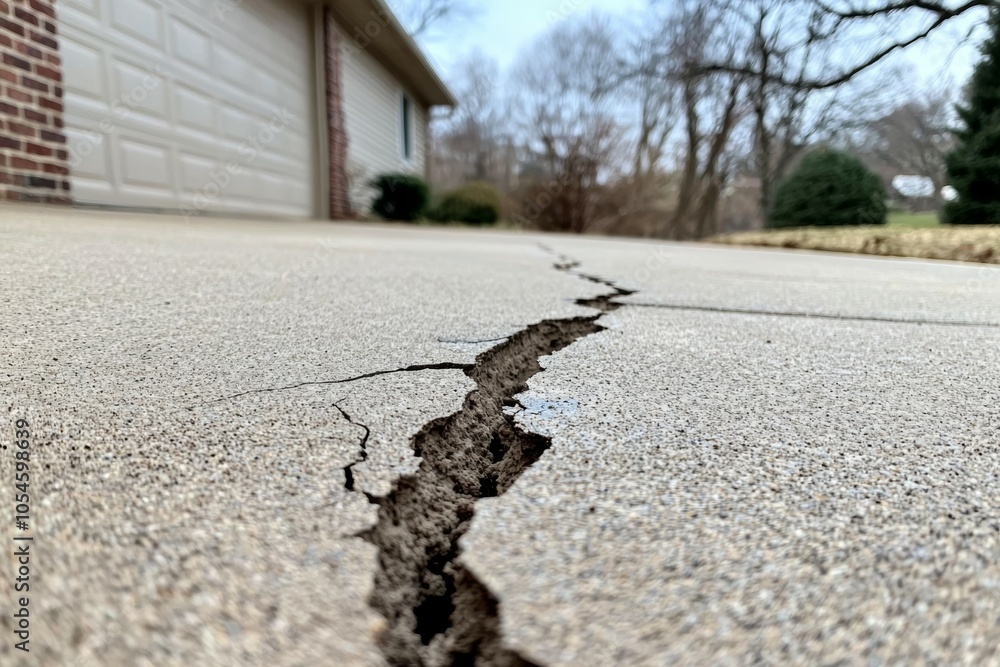 Poster crack in the foundation in front of the garage. background or backdrop with copy space