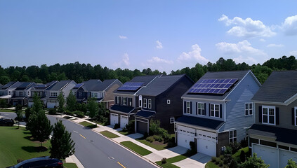 A suburban neighborhood featuring houses with solar panels on rooftops under a clear sky.