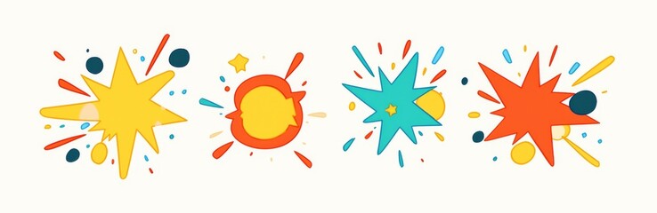 a cheerful yellow spark on the left, an orange spark in the center, a green spark in the bottom right corner, and blue sparks at the top center.