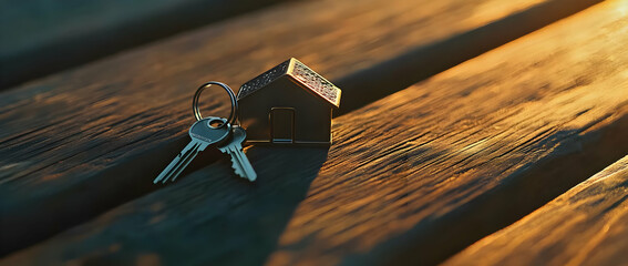 A small house model with keys on a wooden surface, symbolizing homeownership and security.
