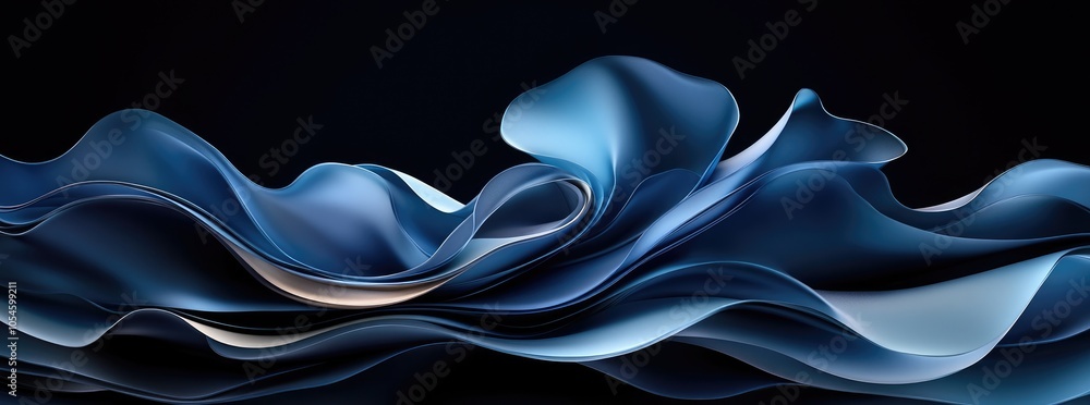 Poster abstract flowing shapes in shades of blue, creating a wave-like visual effect.