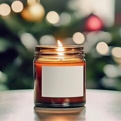 Amber glass candle jar with blank white label mockup, burning candle in Christmas holiday decorated home interior, seasonal cozy decor