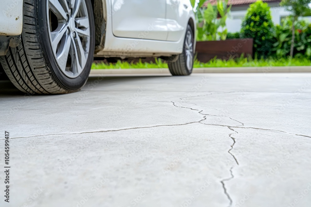 Poster crack in the foundation in front of the garage. background or backdrop with copy space