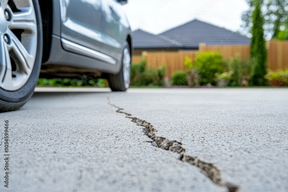 Poster crack in the foundation in front of the garage. background or backdrop with copy space
