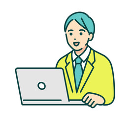 パソコンで勉強する男子高校生。シンプルな男の子のベクターイラスト素材。