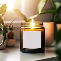 Amber glass candle jar with blank white label mockup, burning candle in Christmas holiday decorated home interior, seasonal cozy decor