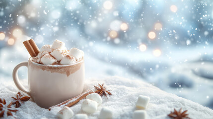 Mug of hot chocolate with marshmallows and a cinnamon stick against a snowy background