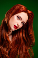Photo of gorgeous lady look feel tempting having perfect long glossy ginger hairstyle isolated...
